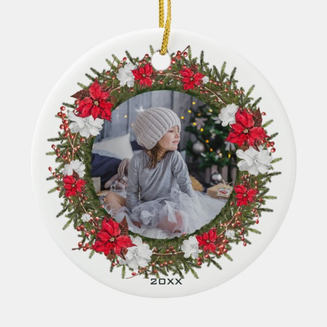 Rustikales Poinsettia Woodland Wreath Foto mit Jah Keramik Ornament (Vorne)