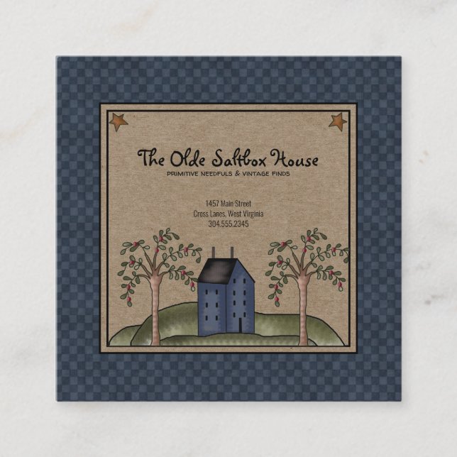 Rustikales primitives Country Saltbox House auf Kr Quadratische Visitenkarte (Vorderseite)