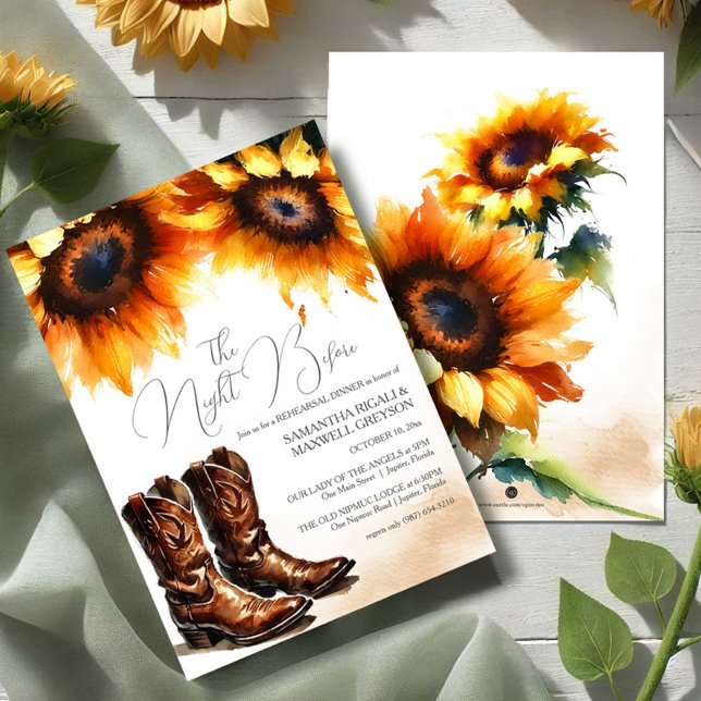 Rustikales Probe Einladung (Country sunflower rehearsal dinner invitations with cowboy boots.)