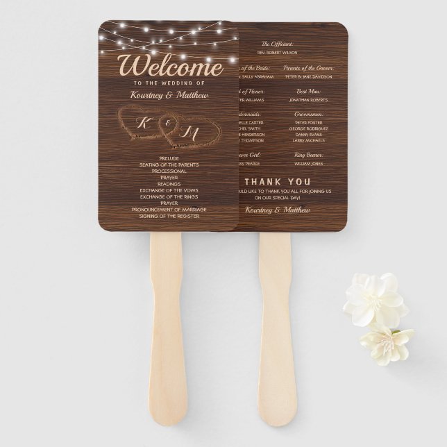 Rustikales Programm für Hochzeiten im Holz-Schnitz Fächer (Vorne und Hinten)