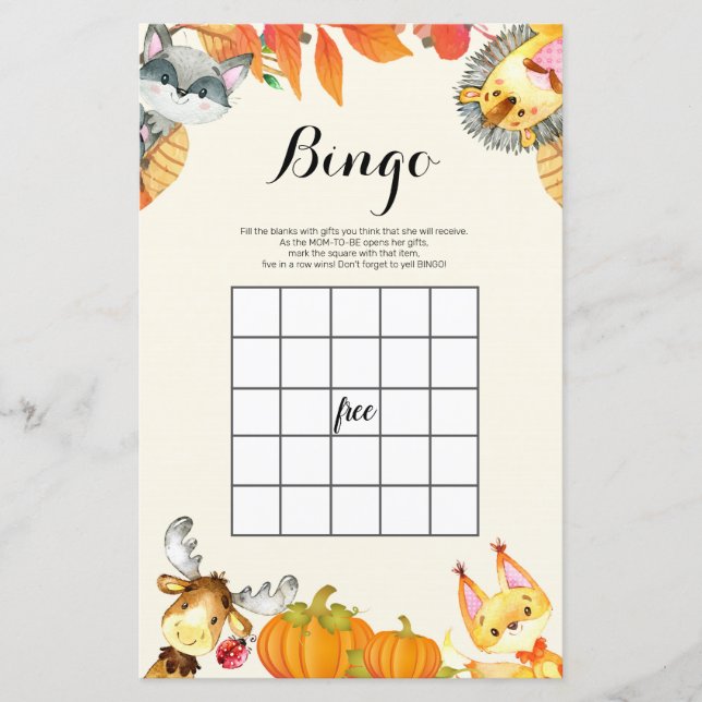 Rustikales Pumpkin Animal Watercolor Bingo Spiel (Vorderseite)
