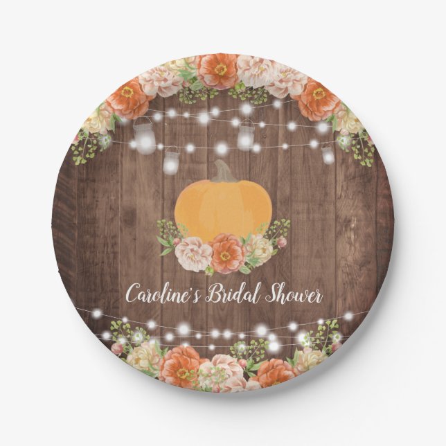 Rustikales Pumpkin Fall Floral Brautparty Pappteller (Vorderseite)