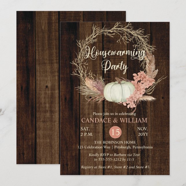 Rustikales Pumpkin Pampas Wreath Housewarming Part Einladung (Vorne/Hinten)