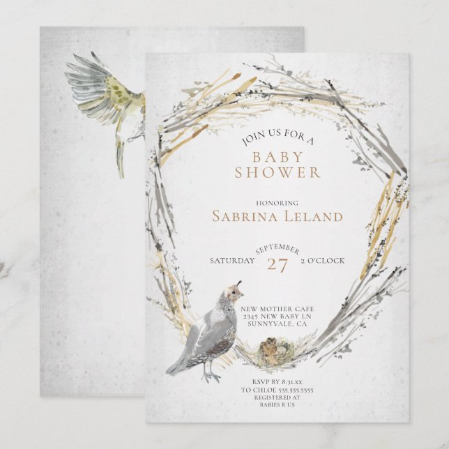 Rustikales Quail and Baby Nest Watercolor Babydusc Einladung (Vorne/Hinten)