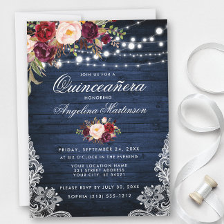 Rustikales Quinceanera Blaues Wood Burgundi Einladung