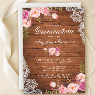 Rustikales Quinceanera Holz Spitzen Pink Floral Einladung