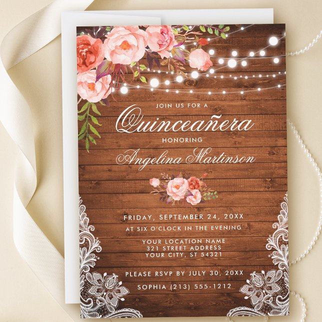 Rustikales Quinceanera Wood Lights Lace Coral Flor Einladung (Customize to add more text or photos to back of card.)