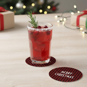 Rustikales Red & Black Buffalo Kariert Frohe Weihn Runder Pappuntersetzer