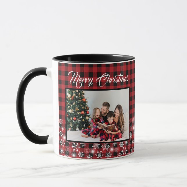 Rustikales Red Black Buffalo Kariertes Family Foto Tasse (Links)