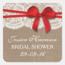 Rustikales Red Bow, Burlap & Lace Brautparty Quadratischer Aufkleber