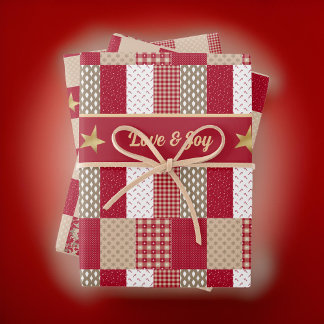 Rustikales Red Tan Gold Patchwork Quilt Liebe Joy Geschenkpapier Set