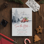Rustikales Red Truck Weihnachts-Party Save the Dat Feiertagspostkarte<br><div class="desc">Lass Freunden und Familie wissen, dass du mit diesem rustikalen Aquareller Weihnachtsmann Weihnachten Party Save the Date Card ein frohes Weihnachtsfest planst. Es ist klassisch und perfekt für jede Art von Feier. Das Design besticht durch einen stimmungsvollen verschneiten Hintergrund, Schnee und einen schönen, hellen roten LKW mit Weihnachtsbäumen. Die moderne...</div>