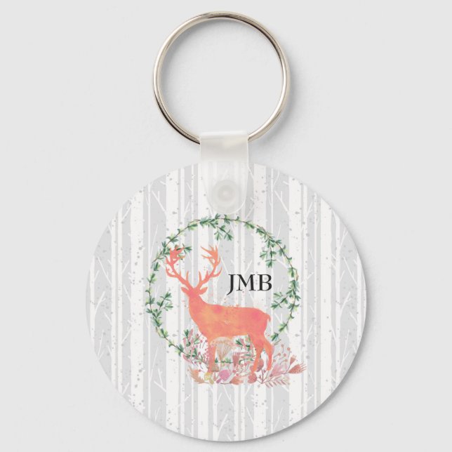 Rustikales Reindeer Boho Wasserfarben-Monogramm Schlüsselanhänger (Vorderseite)