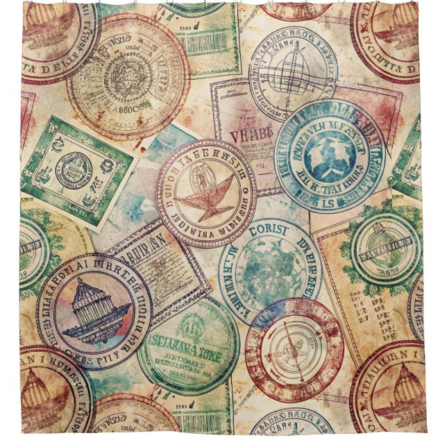 Rustikales Reisepass-Stempel-Reisemuster (1) Duschvorhang (Vorderseite)