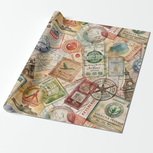 Rustikales Reisepass-Stempel-Reisemuster (5) Geschenkpapier (Ungerollt)