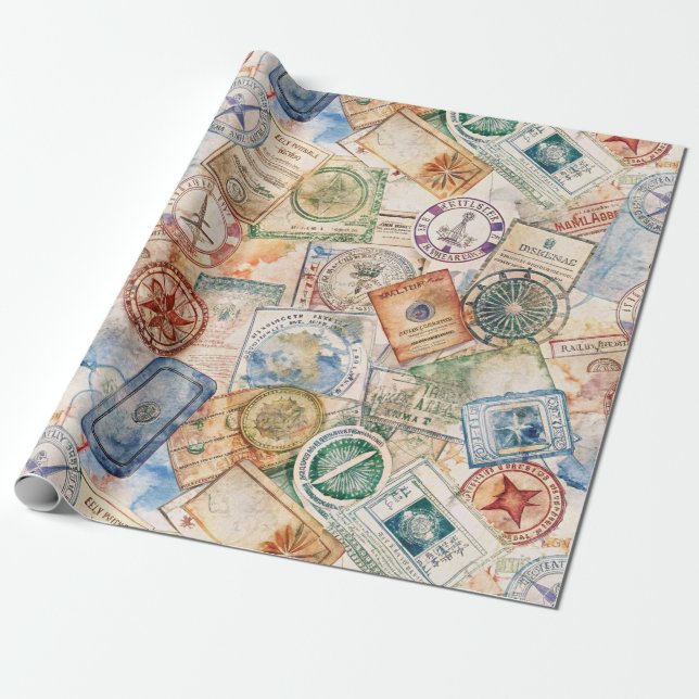 Rustikales Reisepass-Stempel-Reisemuster (9) Geschenkpapier (Ungerollt)