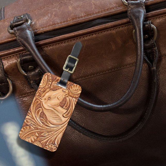 Rustikales Reitpferd aus Western Gepäckanhänger (rustic western country leather equestrian horse luggage tag)