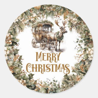 Rustikales Rentier- und Schlittengrün und goldener Runder Aufkleber