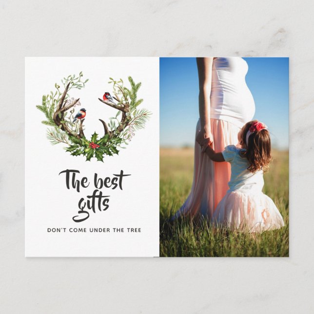 Rustikales Rentier Weihnachtsjunges erwartet Foto Ankündigungspostkarte (Vorderseite)