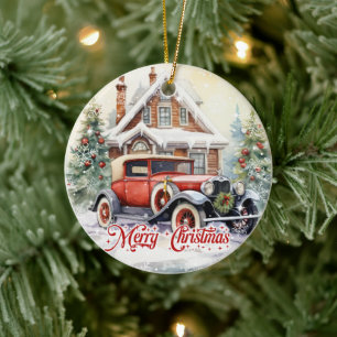 Rustikales Retroauto und Weihnachtshaus Keramik Ornament