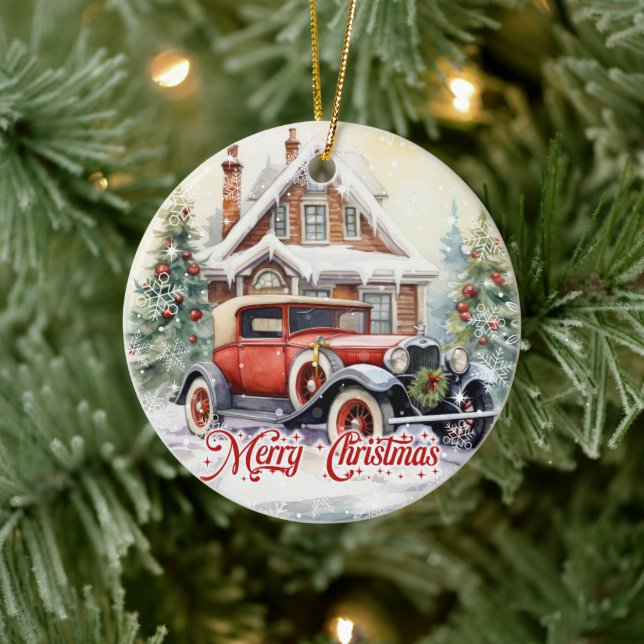 Rustikales Retroauto und Weihnachtshaus Keramik Ornament (Baum)