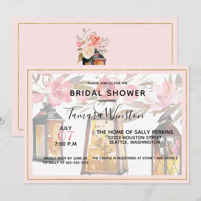 Rustikales Romance Lanterns Rose Gold Brautparty Einladung (Vorne/Hinten)