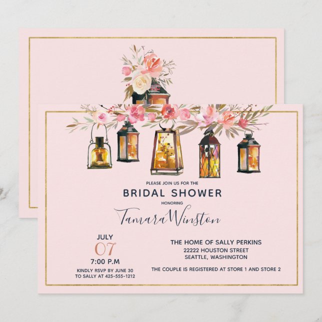 Rustikales Romantisches Laternen Rose Gold Brautpa Einladung (Vorne/Hinten)