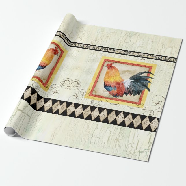 Rustikales Rooster Watercolor Harlequin Wood Decou Geschenkpapier (Ungerollt)