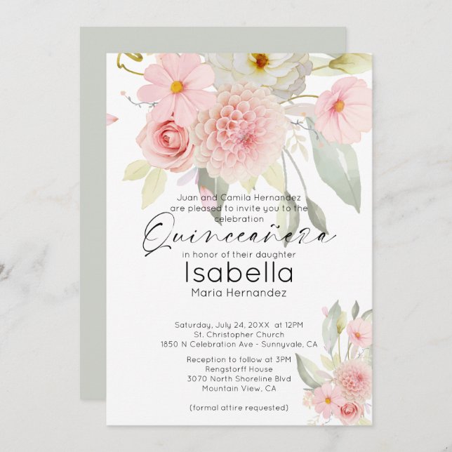 Rustikales Rosa Aquarellfarbe Quinceanera Einladung (Vorne/Hinten)