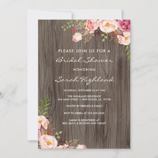 Rustikales Rosa Blume Brautparty Einladung (Vorderseite)