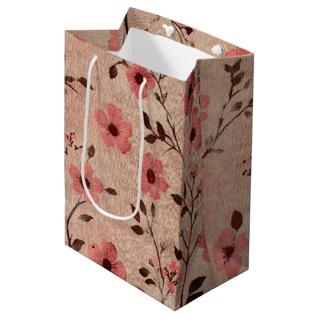 Rustikales Rosa Blumen-Leinen-Muster (4) Mittlere Geschenktüte (Vorderseite Schrägansicht)