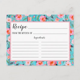 Rustikales rosa Blumenmuster Aqua Wood Rezeptkarte Postkarte