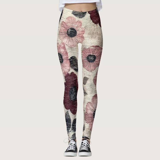 Rustikales Rosa Blumenmuster Leinen (7) Leggings (Vorderseite)