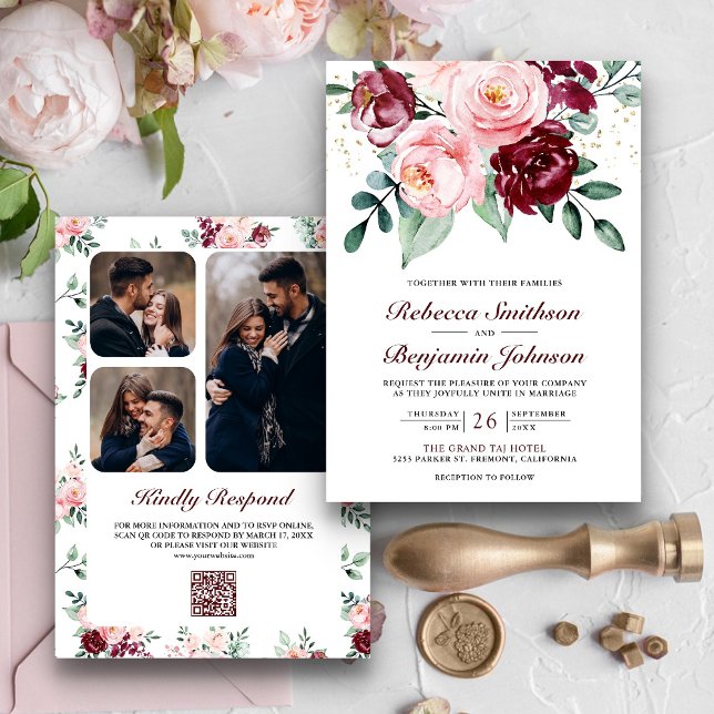 Rustikales Rosa Burgund Floral QR Code Hochzeit Einladung (Von Creator hochgeladen)