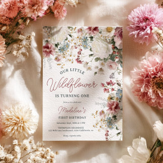 Rustikales Rosa, Creme Wildblume Erster Geburtstag Einladung