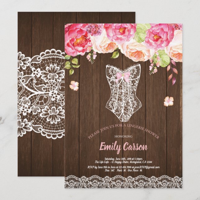 Rustikales, rosa Dessous-Brautparty Einladung (Vorne/Hinten)