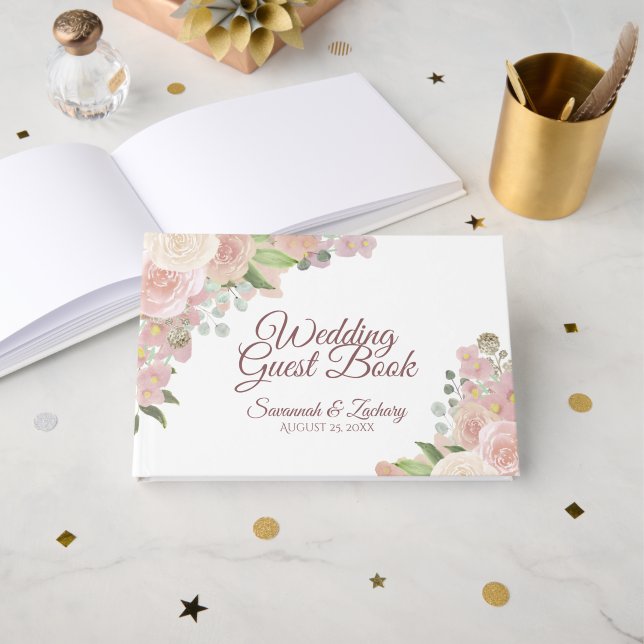 Rustikales Rosa Elegante Boho Chic Hochzeit Gästebuch (Vorderseite Offen)
