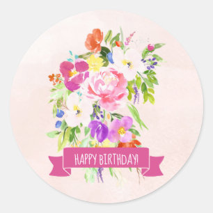 Rustikales Rosa Floral Watercolor Happy Birthday Runder Aufkleber