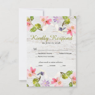 Rustikales Rosa Florals auf weißem Holz RSVP Karte