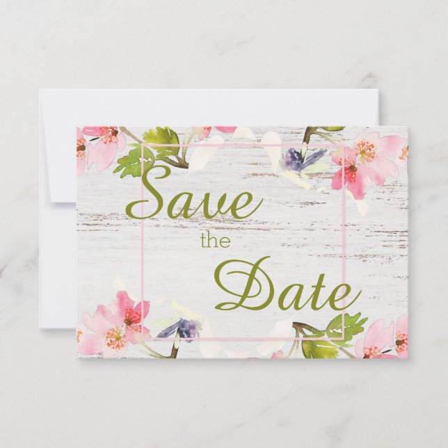 Rustikales Rosa Florals auf weißem Holz Save The Date (Vorderseite)
