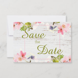 Rustikales Rosa Florals auf weißem Holz Save The Date