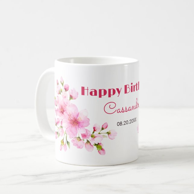 Rustikales rosa Kirschblossom Sakura Floral Geburt Kaffeetasse (Vorderseite Links)