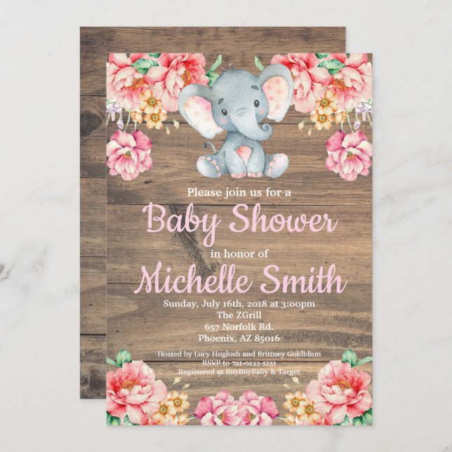 Rustikales rosa mit Blumenmädchen-hölzerne Einladung (Vorne/Hinten)