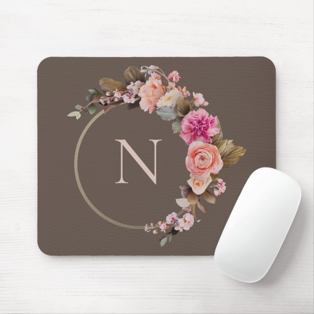Rustikales rosa Monogramm florales Gold Mousepad (Mit Mouse)