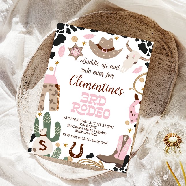 Rustikales rosa Sattel 3. Rodeo 3. Geburtstag Einladung (Girls Pink 3rd Rodeo Birthday Invitation, 3rd Rodeo 3rd Birthday Invite, Western Themed, Cowgirl )