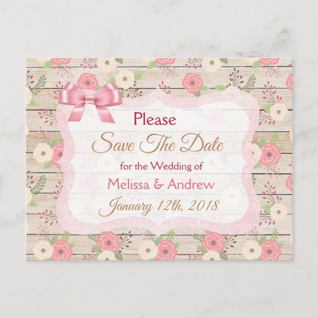 Rustikales Rosa und Tan Floral Save the Date Postk Ankündigungspostkarte (Vorderseite)