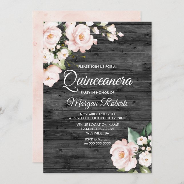 Rustikales Rosa und Weiß Party Quinceanera Einladung (Vorne/Hinten)