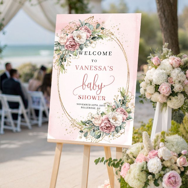 Rustikales Rosafarbenes Florales Willkommensschild Poster (Rustic Blush Pink Floral Baby Shower Welcome Sign)