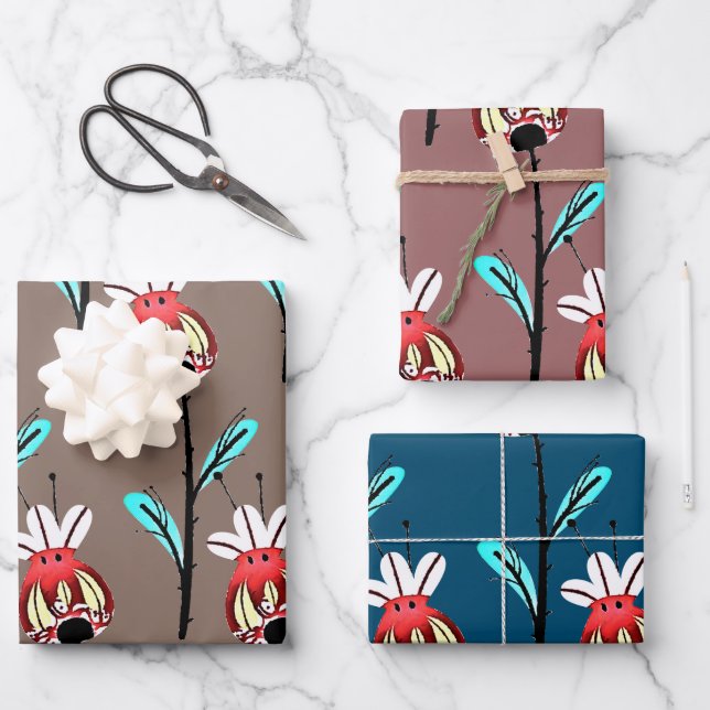 Rustikales Rosehip Gold Aquamarin rosa Blumenmuste Geschenkpapier Set (Vorderseite)