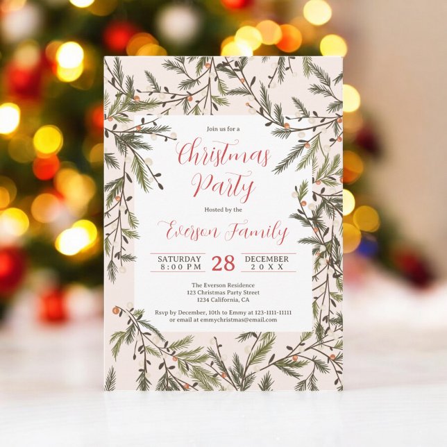 Rustikales Rosenholz Kiefernzweige Elegantes Party Einladung (Rustic blush Pine Branches Elegant Christmas Party Invitation)